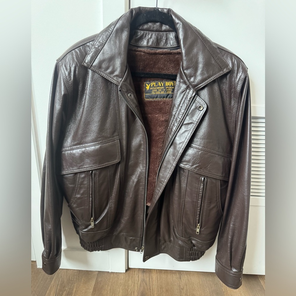 💯 Authentic Playboy Brown Leather Bomber Jacket